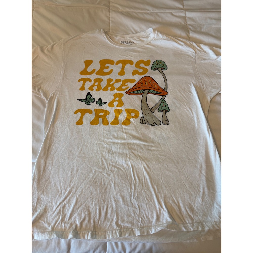 Persaya Lets Take A Trip Mushroom Butterfly Graphic Tee White XL Short Sleeve